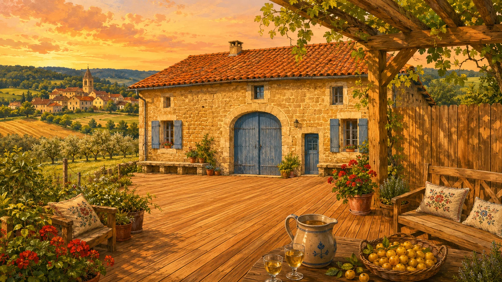 Illustration paysagère du dépôt avec terrasse en bois et clôture